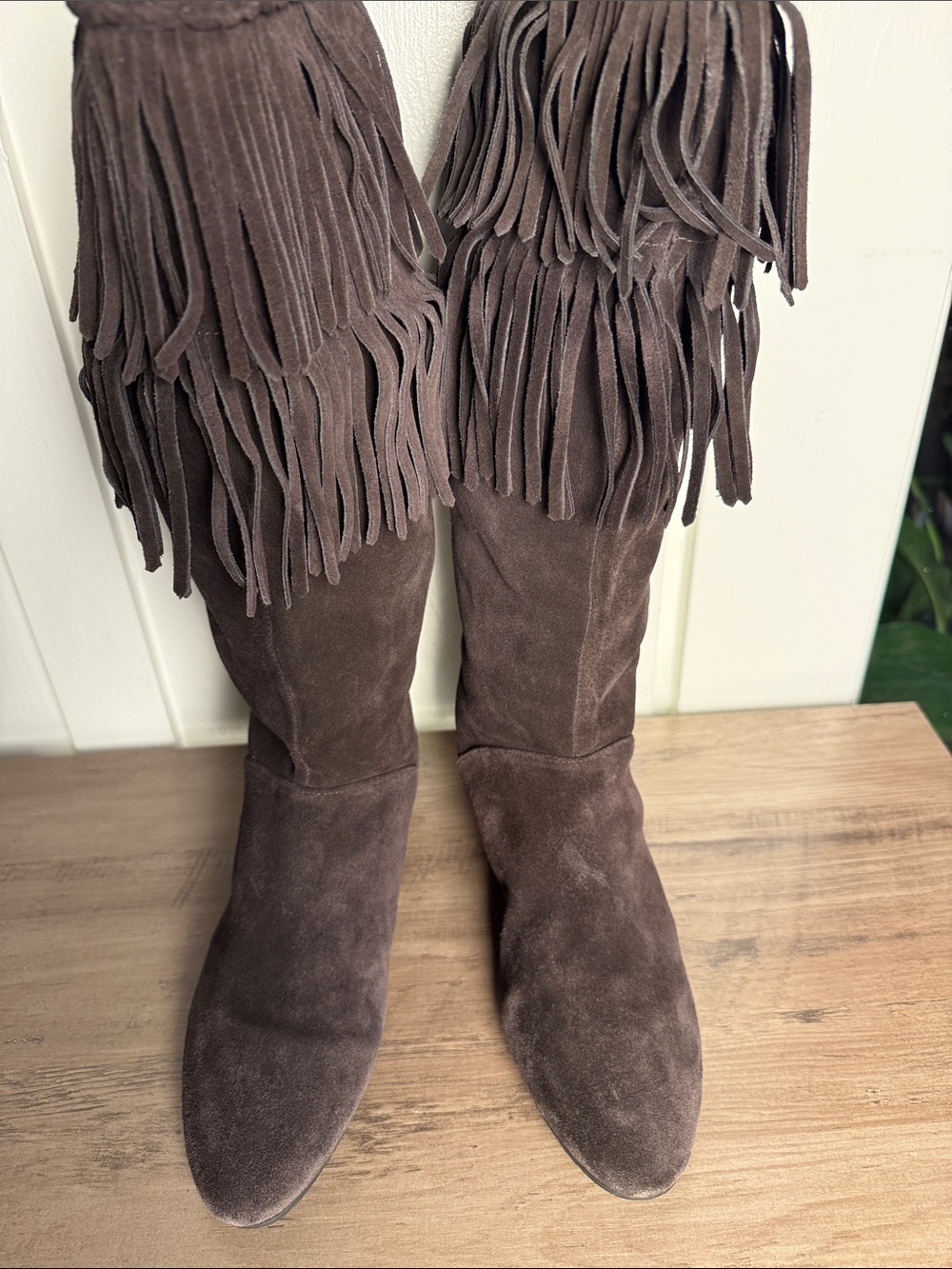 Fringe Suede Tall Boots Gianni Bini Brown Boho Wedge Estimated 7.5–8